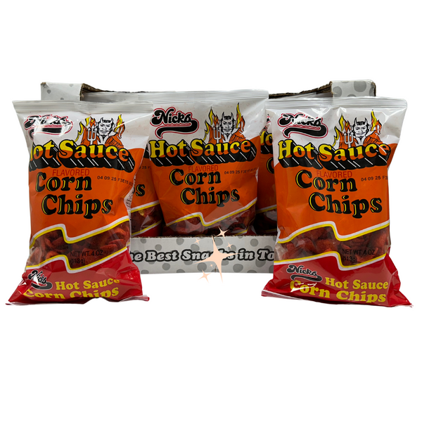 Nicks Hot Sauce Flavored Corn Chips, 4 oz, Spicy Snack Pack of 16
