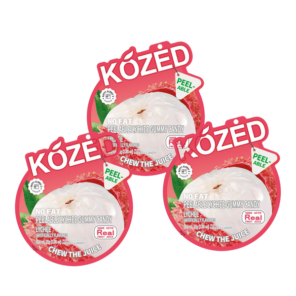 KOZED Lychee Juice Gummy Candy, Peelable, 28% Real Fruit Juice, 6 Pack